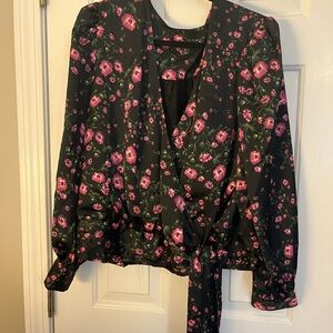 Floral Wrap Top - Black and Pink